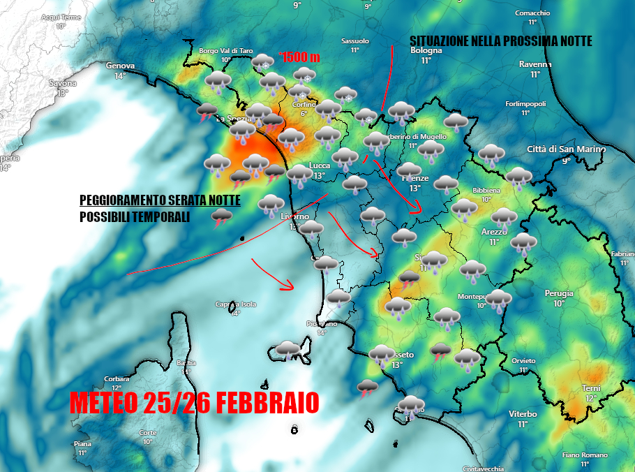 IMMINENTE UN NUOVO PEGGIORAMENTO – ARRIVA ENTRO SERA – PIOGGE E TEMPORALI – METEO TOSCANA