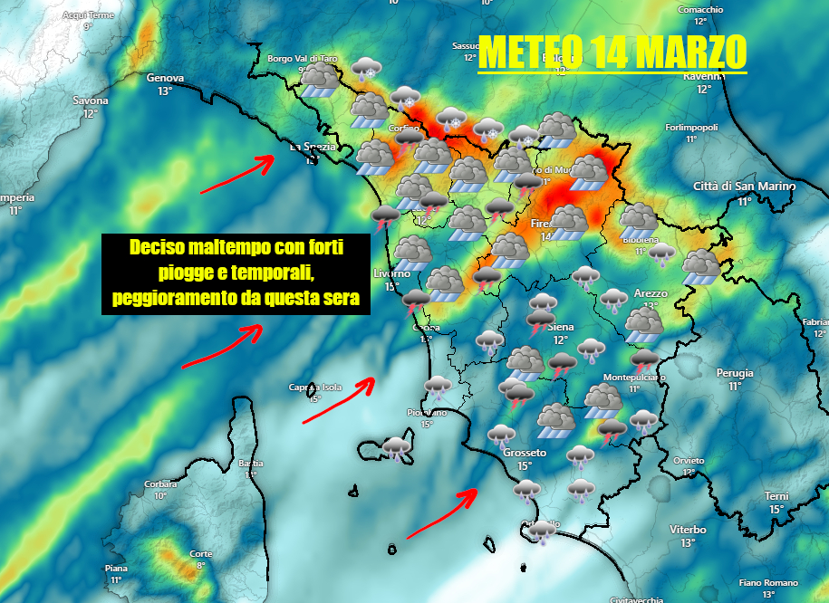 METEO CHE SI AGGRAVA NELLE PROSSIME ORE: ATTESE ALTRE PIOGGE INTENSE IN TOSCANA – AGGIORNAMENTI