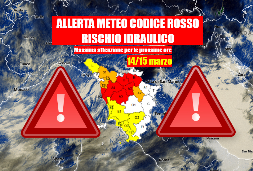 ALLERTA METEO TOSCANA: CODICE ROSSO, ATTENZIONE MASSIMA, RISCHIO IDRAULICO OGGI E DOMANI – 14 E 15 MARZO