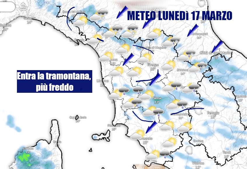 TEMPERATURE IN RAPIDO CALO, INIZIO DI SETTIMANA CON ARIA INVERNALE – METEO TOSCANA